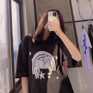 圆领宽松短袖 彩虹独角兽星星长款 T恤男女潮黑色 Vetements 现货