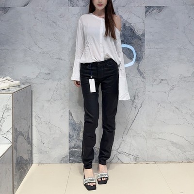 国内现货 Paige中腰百搭基础款黑色显瘦双拉链修身皮质小脚牛仔裤