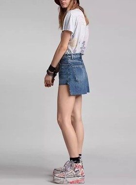 国内现货 R13 高腰蓝色阶梯毛边纯棉短裙拼接牛仔短裤热裤复古女