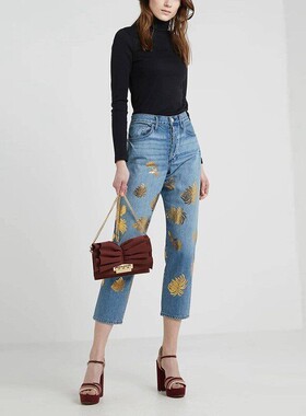 清仓现货3x1 W3高腰烫金花朵蓝色棉显瘦宽松老爹九分直筒牛仔裤女