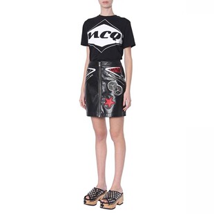 现货 McQ麦昆高腰星星骰子前拉链黑色显瘦包臀半身迷你短羊皮裙潮