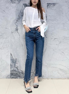 国内现货 Nobody Denim 中腰复古深蓝色阶梯毛边显瘦直筒牛仔裤女