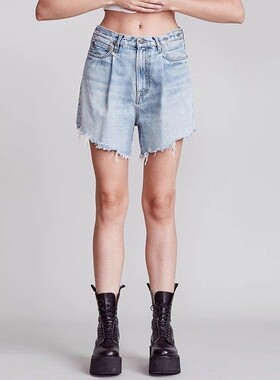 现货 R13中腰蓝色斜毛边显瘦高腿长褶缝宽松老爹阔腿牛仔中短裤女