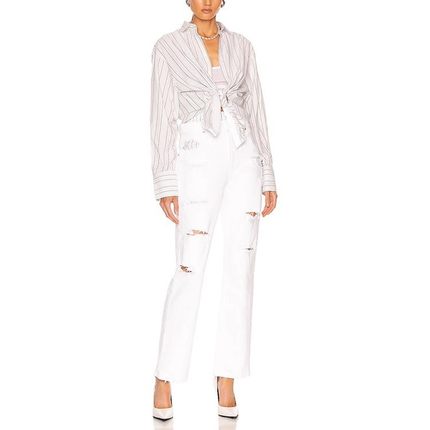 现货 RtA denim双高腰头白色破洞拼接条纹短裤显瘦宽松直筒牛仔女