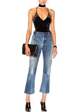 现货 Re/Done Kendall高腰拼接蓝色显瘦宽松九分微喇叭牛仔裤女潮