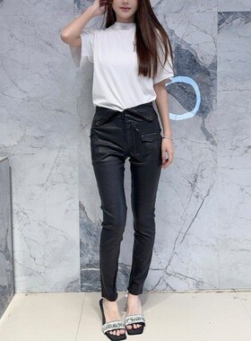 国内现货 RtA denim高腰黑色翻领拉链显瘦显腿长纯羊皮小脚真皮裤