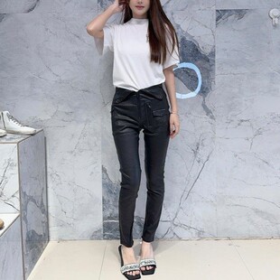 denim高腰黑色翻领拉链显瘦显腿长纯羊皮小脚真皮裤 国内现货 RtA