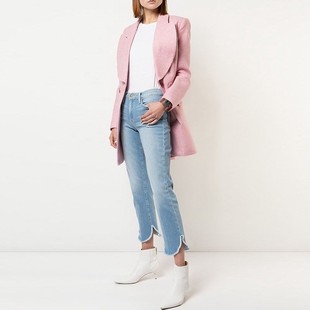 女 Denim高腰浅蓝色弧开衩毛边显瘦腿长九分直筒牛仔裤 现货 Frame