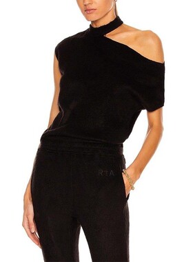 现货 RtA denim axel毛边显瘦高宽松圆领镂空露肩半无袖T恤女黑色