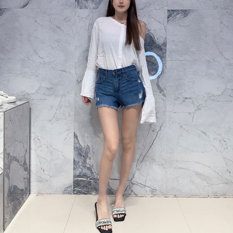 国内现货 Nobody Denim 高腰中蓝色破洞阶梯毛边显瘦牛仔短热裤女