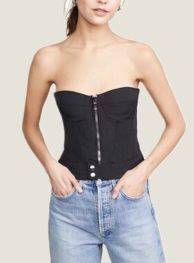 清仓现货 RtA denim vicki拉链黑色显瘦高紧身收腰性感裹胸衣上衣