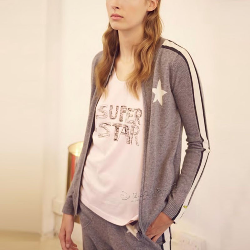 清仓现货 Bella Freud星星竖条显瘦羊绒拉链开衫束脚裤套装女灰黑