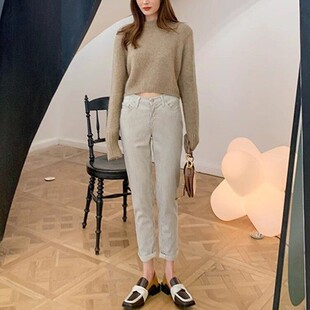 现货 J Brand低腰浅灰色细竖条纹九分款瘦版男朋友风牛仔裤女
