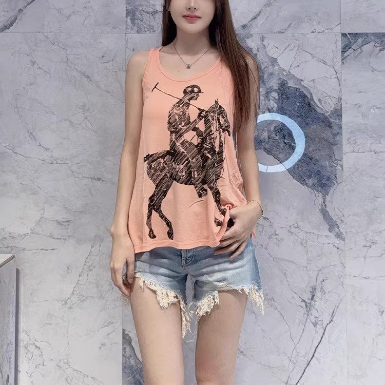 国内现货 Lauren Moshi 橘粉色时尚马术图案宽松圆领无袖背心T恤