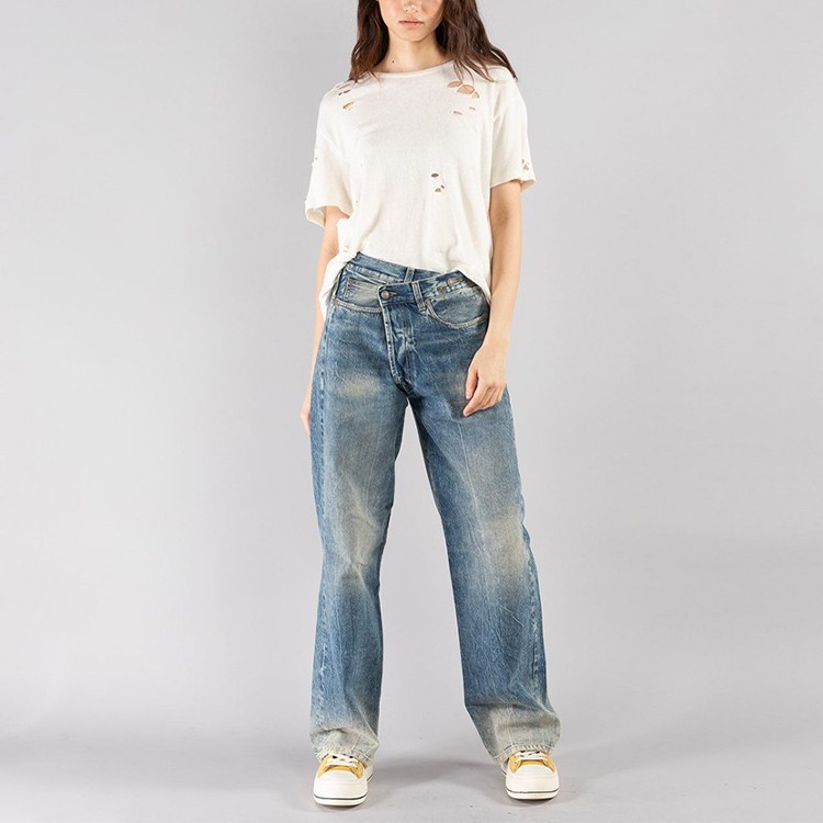 现货 R13泫雅不规则裹身高腰显瘦腿长百搭宽松老爹阔腿拖地牛仔裤