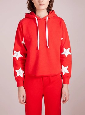 清仓现货 Current/Elliott时尚仿旧星星后开衩红色宽松连帽卫衣女