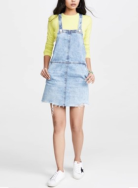 现货 Blank Denim雪花浅蓝色毛边显瘦高腿长百搭减龄牛仔背带短裙