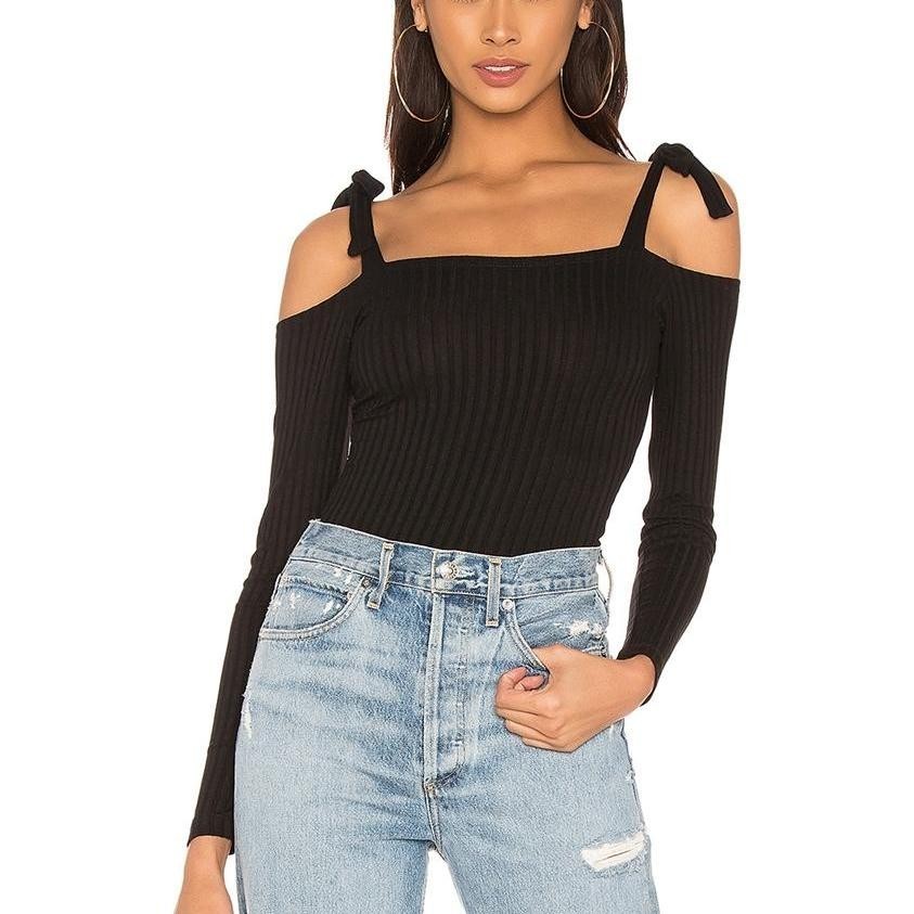 清仓现货 LNA senza黑色弹力罗纹显瘦紧身绑带露肩长袖连体衣女潮