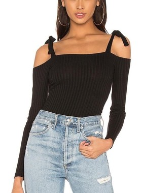 清仓现货 LNA senza黑色弹力罗纹显瘦紧身绑带露肩长袖连体衣女潮