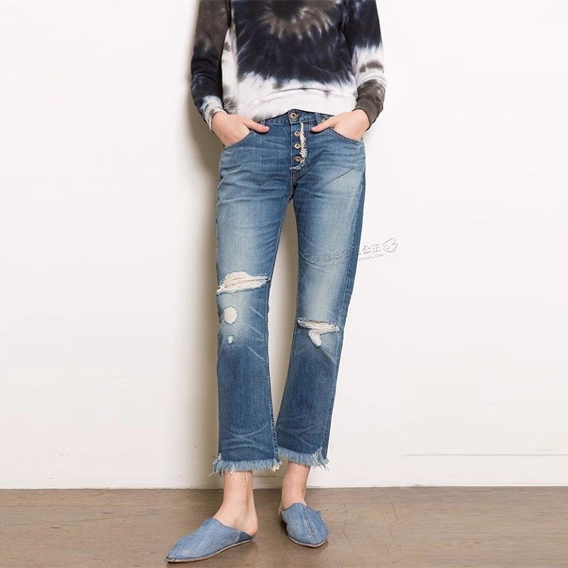 清仓现货 NSF排扣外露蓝色破洞阶梯毛边宽松老爹九分直筒牛仔裤女