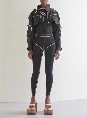 国内现货 pushBUTTON 黑色时尚提臀显瘦白边高腰九分运动打底裤女