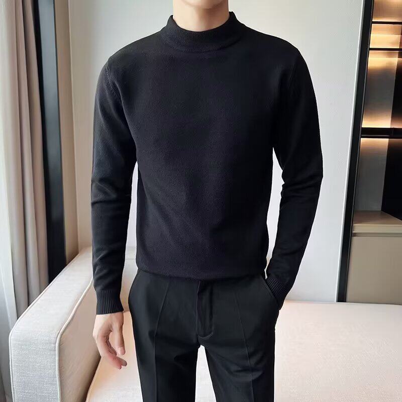 新款秋冬保暖中领针织山羊绒衫男士精纺半高领打底衫休闲紫色毛衣