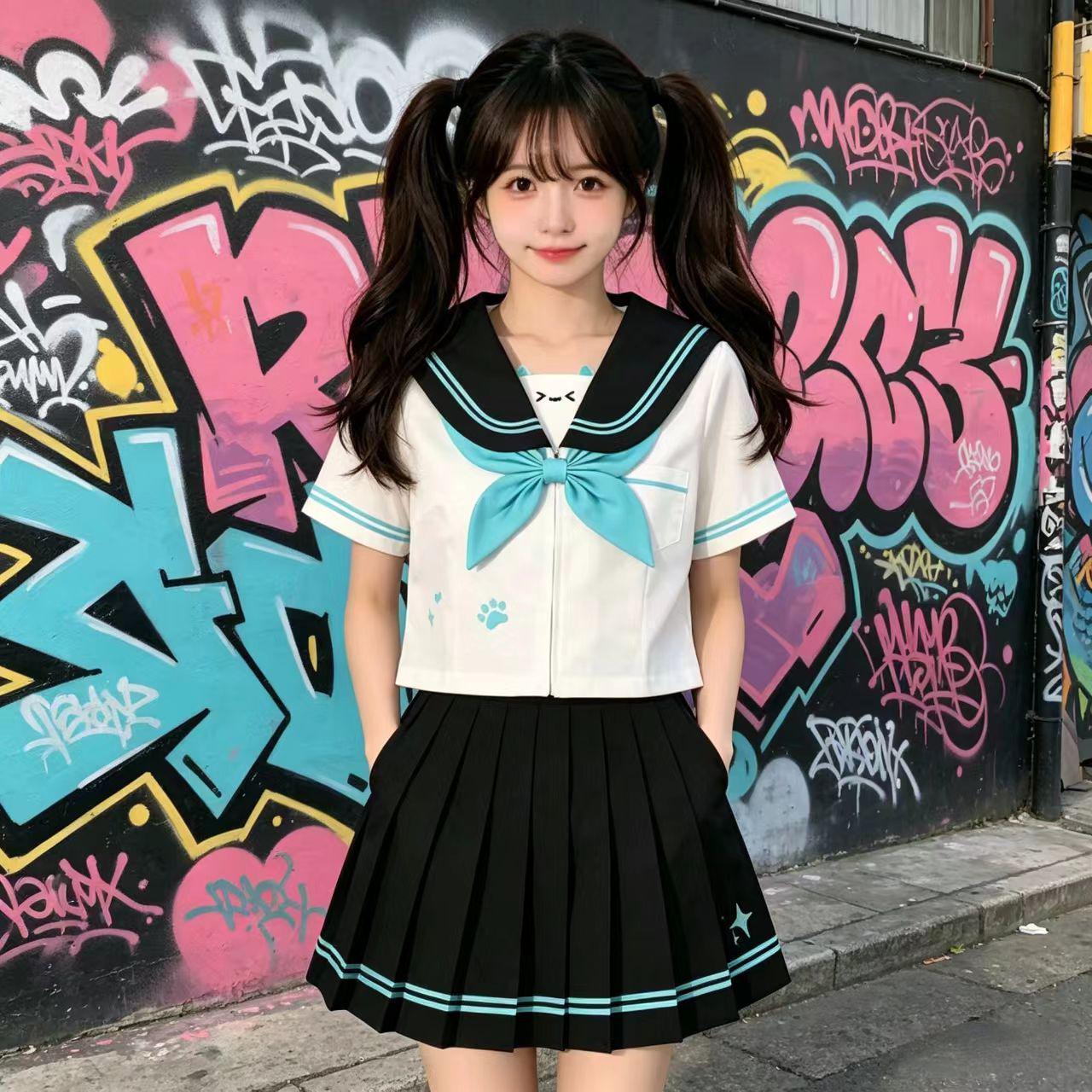 启晨馨童原创正版夏季水手服收腰jk制服套装女校百褶裙