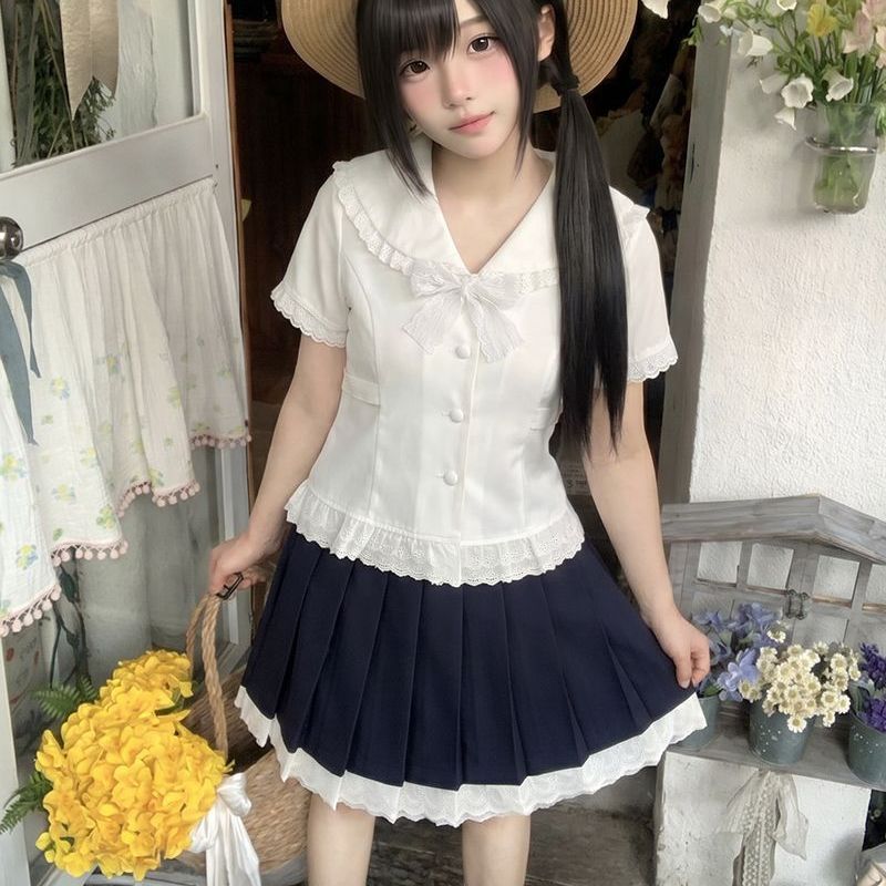 小布丁原创jk花蝶女子长袖学院风花边衬衫上衣波点裙格蕾系套装女