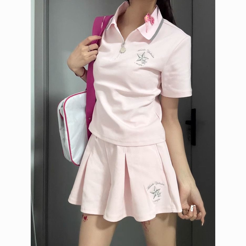 JK制服千折星百褶安全裤裙短袖T恤收腰POLO衫羽毛球运动套装女
