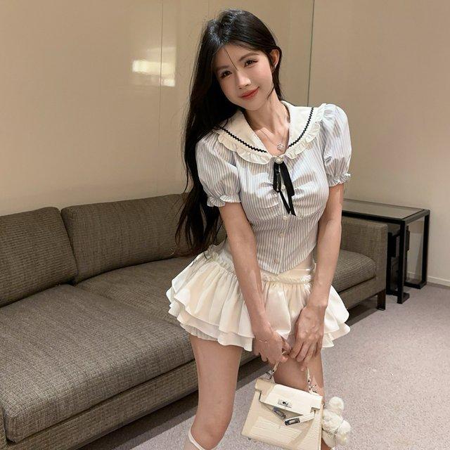 辣妹jk套装学院风制服纯欲条纹短袖衬衫高腰修身显瘦蓬蓬蛋糕裙