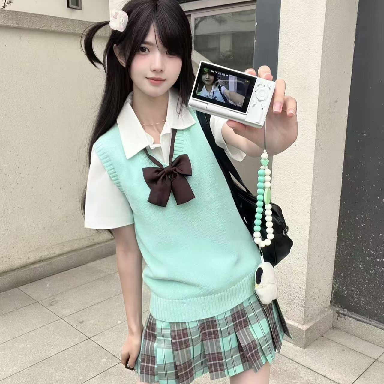 【巧心薄荷】御茶家正版原创 绿色JK格裙制服套装学院风百褶裙子