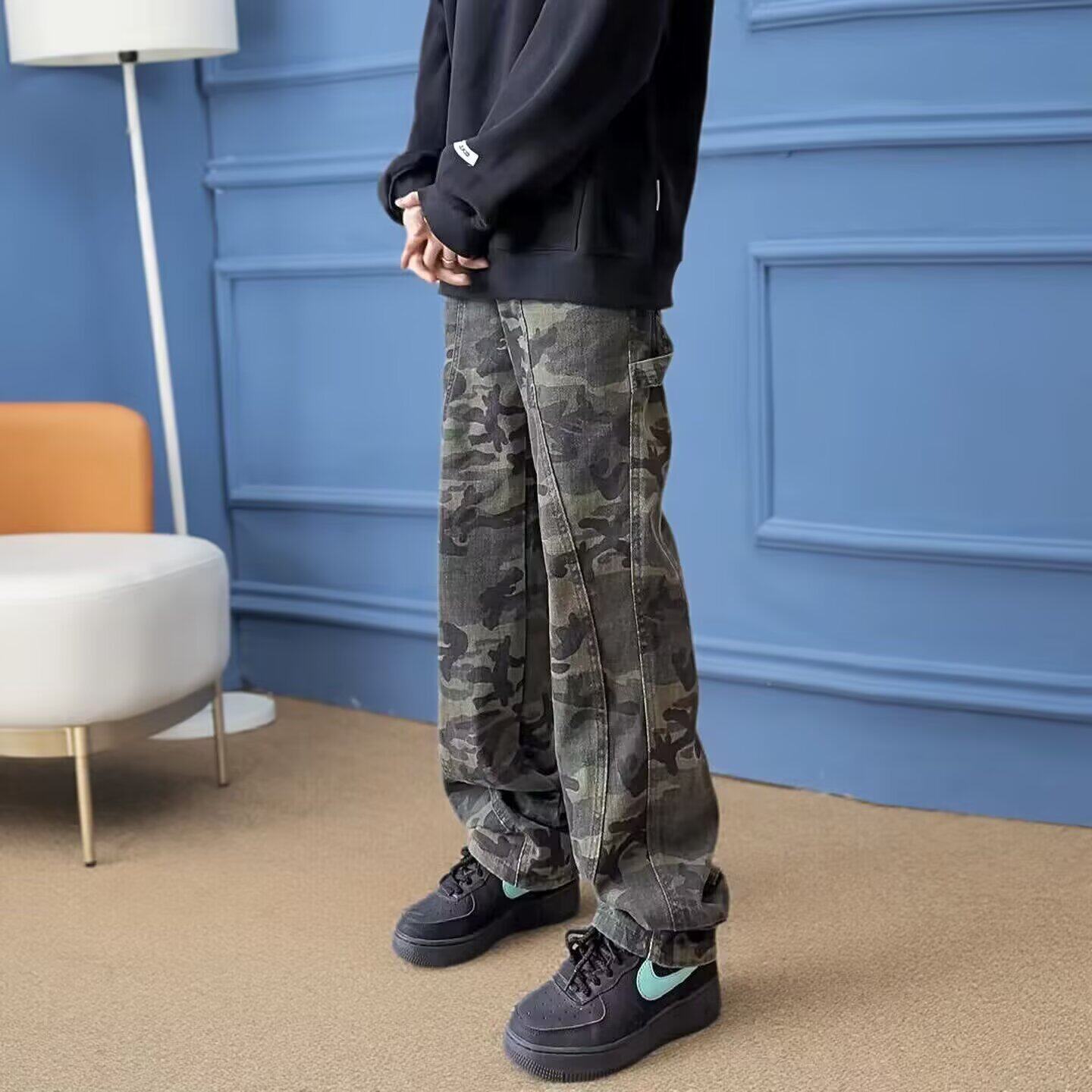 重磅迷彩牛仔裤男女款春季痞帅高街工装直筒裤复古潮牌休闲阔腿裤