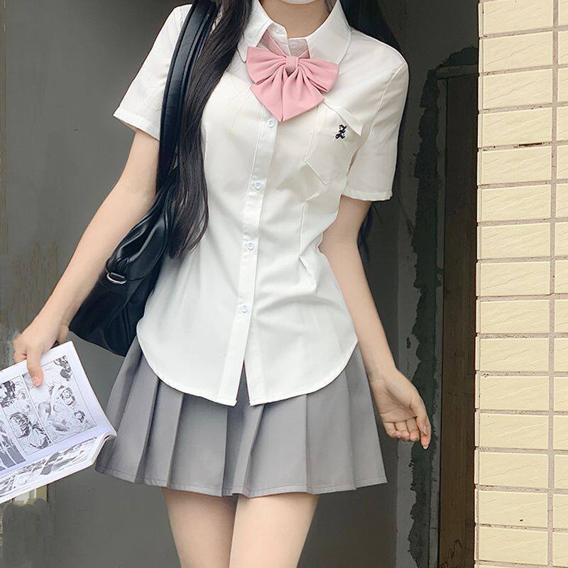 爆款原创收腰jk衬衫制服女白色蓝色设计感小众女衬衣夏季短袖上衣