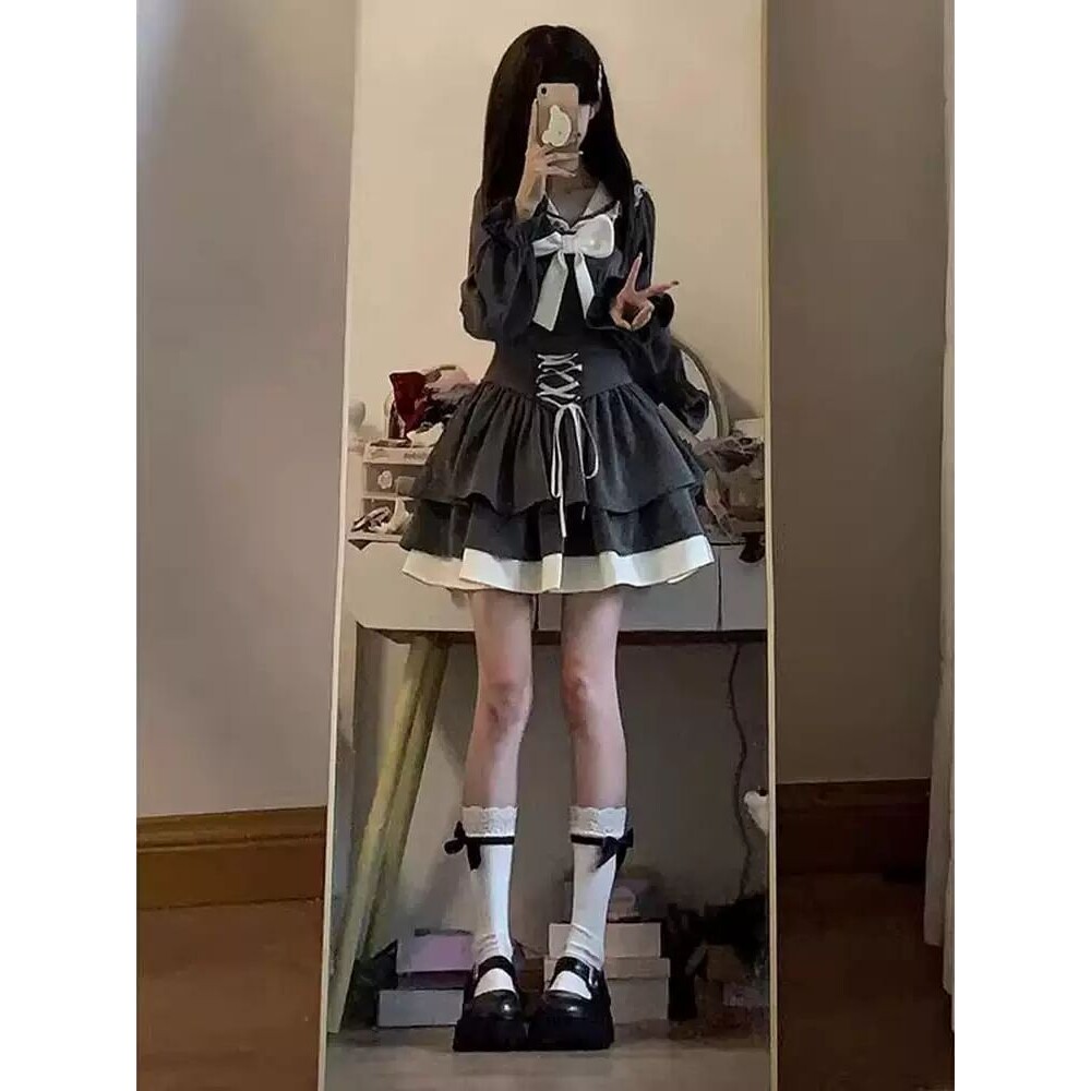 两件/套装日系甜美蝴蝶结海军领JK上衣女+灰色高腰蓬蓬蛋糕短裙子