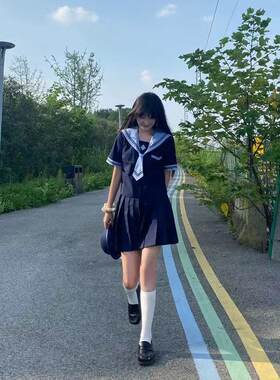 月入星河原创学院风海军领收腰短款短长袖衬衫水手服套装制服裙女