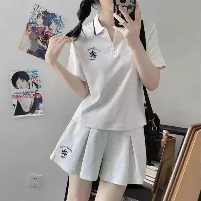 JK制服千折星POLO衫休闲运动套装女夏季学院风百搭宽松遮肚两件套