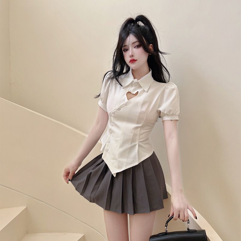 学院辣妹jk镂空爱心设计短袖衬衫泡泡百褶短裙夏季新款套装上衣