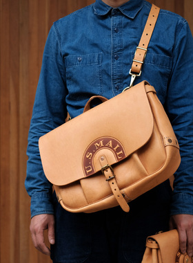 KONGLONGMOGU植鞣牛皮美式复古单肩手提U.S.MAILBAG大容量邮差包