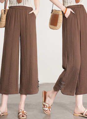 妈妈阔腿裤女夏季薄款高腰宽松休闲裤高腰夏天棉麻九分裤中年女裤