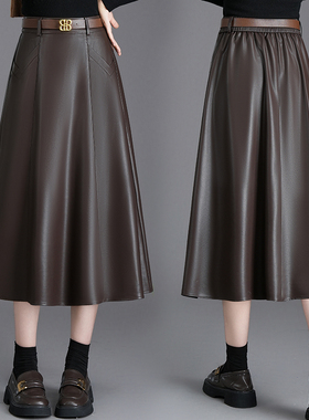 黑色皮裙半身裙秋冬超火绵羊皮大摆裙时尚a字裙中长款胖mm伞裙