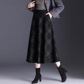 毛呢半身裙女秋冬长裙子2025新款 高腰格子半裙显瘦伞裙大摆a字裙