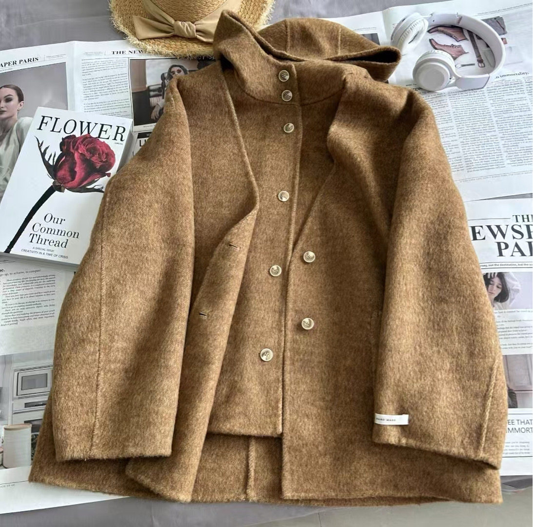 2025新款韩国设计感短款宽松连帽双面羊毛衣外套