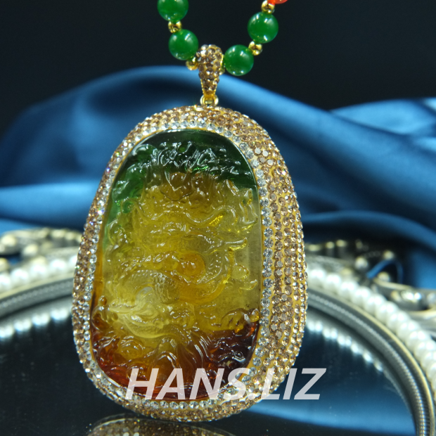 国风 龙牌三色琉璃 信仰 民族高贵满钻奢华配天然原石项链lpxl