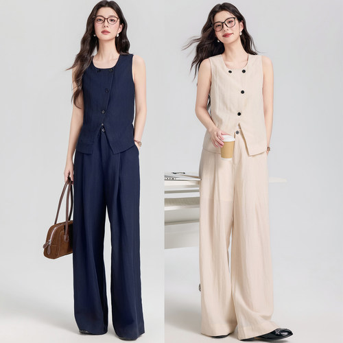女款亚麻马甲阔腿裤套装 Women Linen Vest and Wide Leg Pants