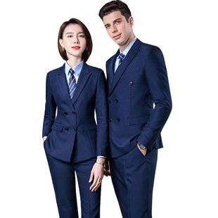 双排扣西装男女同款蓝色弹力修身气质高级西服行政商务工作服套装