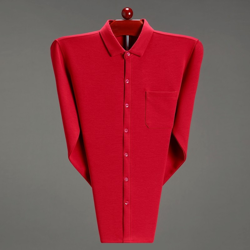 专柜大牌鄂尔多斯市红色长袖衬衫春秋冬男商务休闲胸口袋纯棉衬衣