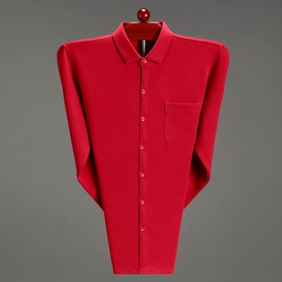 专柜大牌鄂尔多斯市红色长袖衬衫春秋冬男商务休闲胸口袋纯棉衬衣