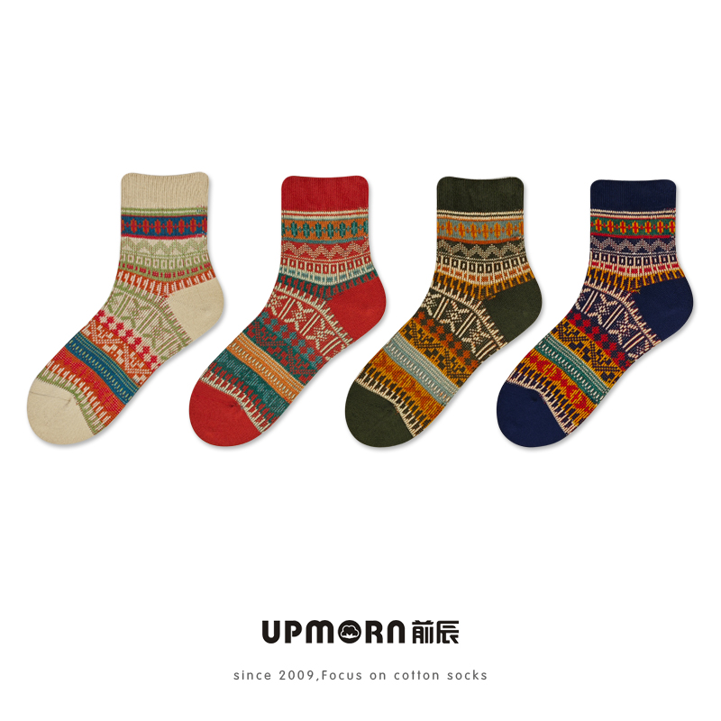 前辰民族风薄秋季男女中筒机车袜