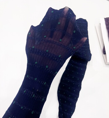 日本制，60D微透肉效果，条纹波点拼接银丝连裤袜拼接