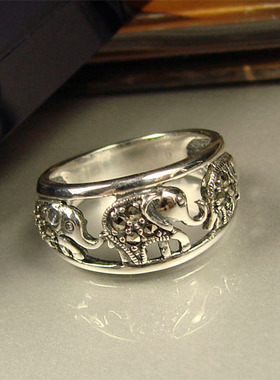 呆萌风小象纯银镂空复古镶嵌戒指